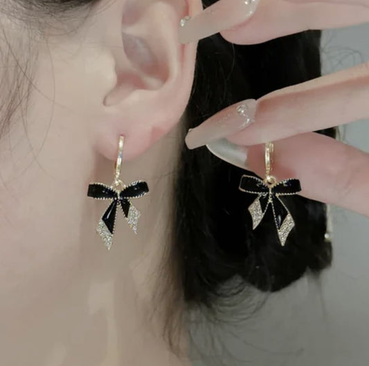 Black Bowknot Rhinestone Dangling Earrings