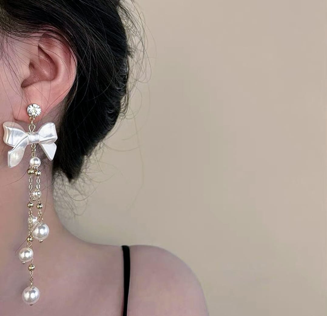 Beautiful in White Bow Pearl Earrings